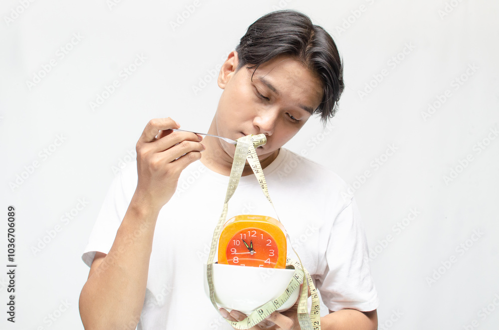 unhappy diet concept illustrated by young asian man with sad expression eating a measuring tape with a fork on bowl with clock. weight loss concept. unhappy diet concept illustrated by young asian man with sad expression eating a measuring tape with a fork on bowl with clock. weight loss concept.