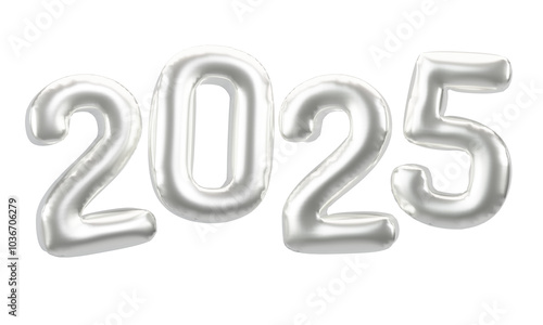 Happy New Year 2025 metallic Silver foil balloons. 3D render Platinum Helium balloons 2025. 