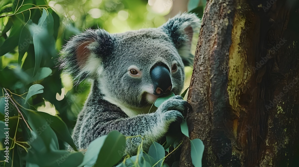 Fototapeta premium Peaceful Koala Bear Chewing Eucalyptus Leaves in Tranquil Tree Setting