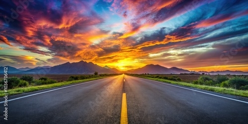 Empty Asphalt Road Leading to Distant Mountains at Sunset, Captivating Low Light Photography, Serene Landscape, Tranquil Journey, Scenic Nature View, Road Trip Adventure