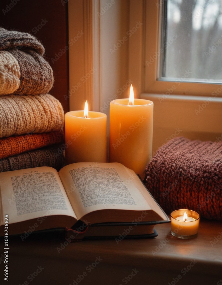 Peaceful reading nook with candles, books, and cozy blanket Peaceful reading nook with candles, books, and cozy blanket