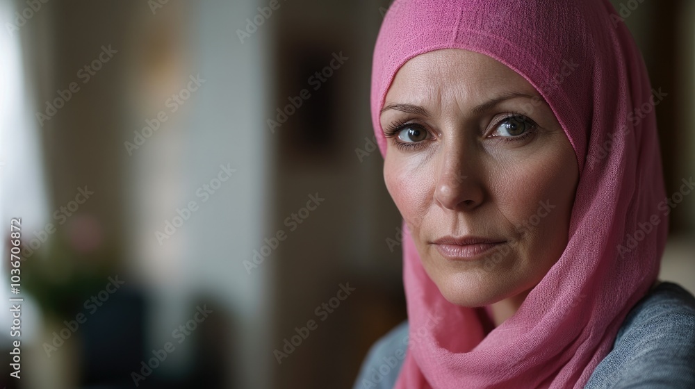 A older woman with cancer, wearing a pink scarf, looks directly into the camera Breast Cancer support A older woman with cancer, wearing a pink scarf, looks directly into the camera Breast Cancer support