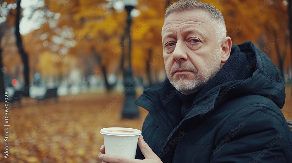 Middle-aged man with slight tremor holding cup of coffee on park bench, symbolizing struggle with Parkinson's disease, calm natural setting. Middle-aged man with slight tremor holding cup of coffee on park bench, symbolizing struggle with Parkinson's disease, calm natural setting.