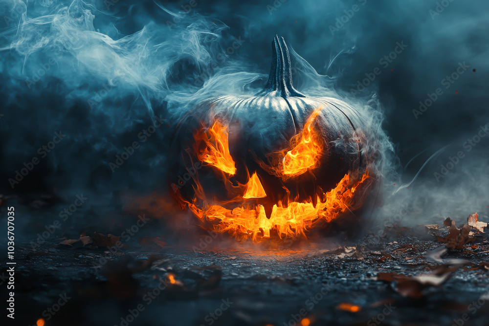 A pumpkin with a scary face and flames coming out of it. The pumpkin is surrounded by smoke and leaves A pumpkin with a scary face and flames coming out of it. The pumpkin is surrounded by smoke and leaves
