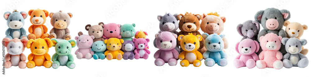 Stuffed animal collection - Assortment of plush toys for cuddling and play Isolated on Clear White Background Highly Detailed Stuffed animal collection - Assortment of plush toys for cuddling and play Isolated on Clear White Background Highly Detailed