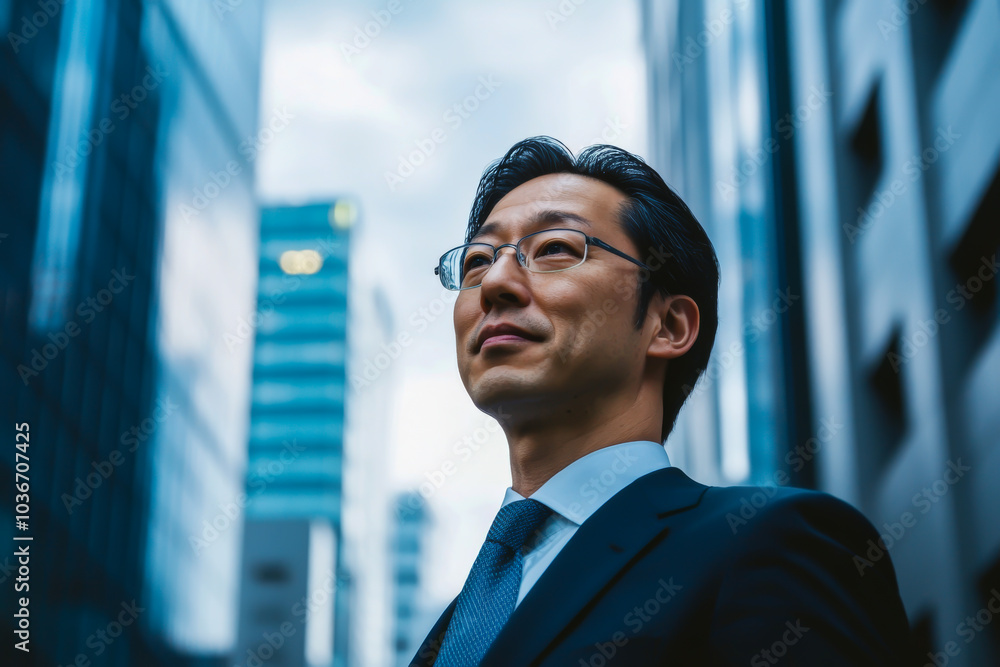 Fototapeta premium A man wearing a suit and glasses stands in front of a building. He is smiling and looking up at the sky