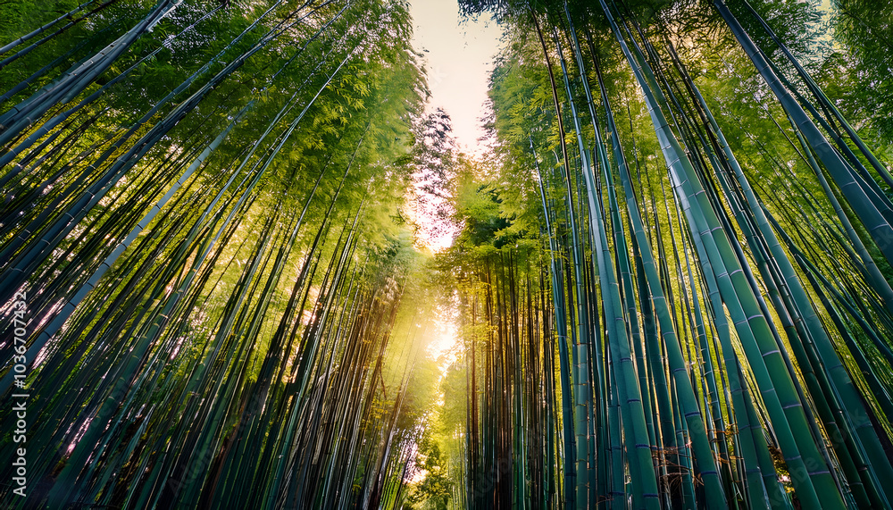 A serene bamboo forest with tall, lush green stalks towering under a warm sunrise. Sunlight filters gently through the canopy, creating a peaceful, natural atmosphere. A serene bamboo forest with tall, lush green stalks towering under a warm sunrise. Sunlight filters gently through the canopy, creating a peaceful, natural atmosphere.