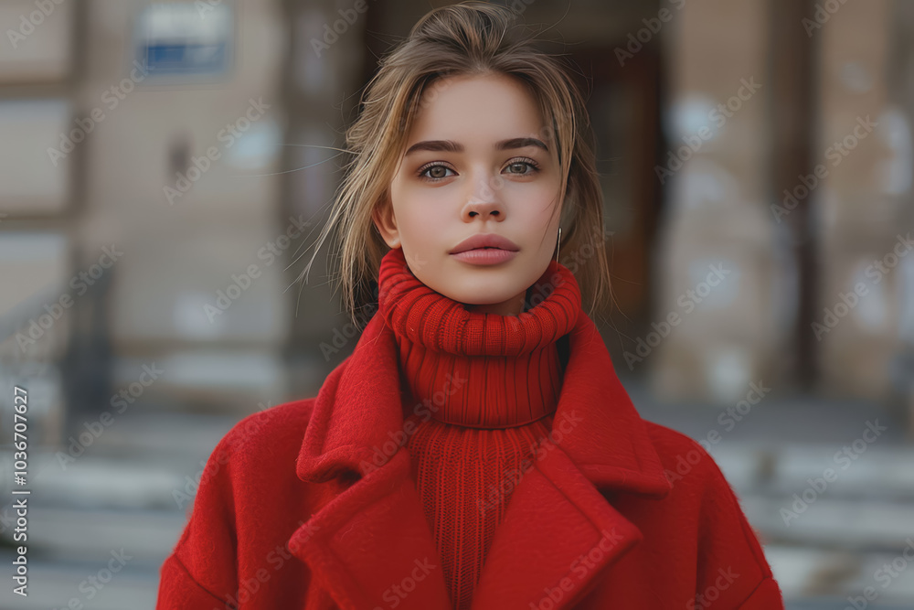 Beautiful fashion model in a red turtleneck sweater and red fur coat outdoors on a city street. Beautiful fashion model in a red turtleneck sweater and red fur coat outdoors on a city street.