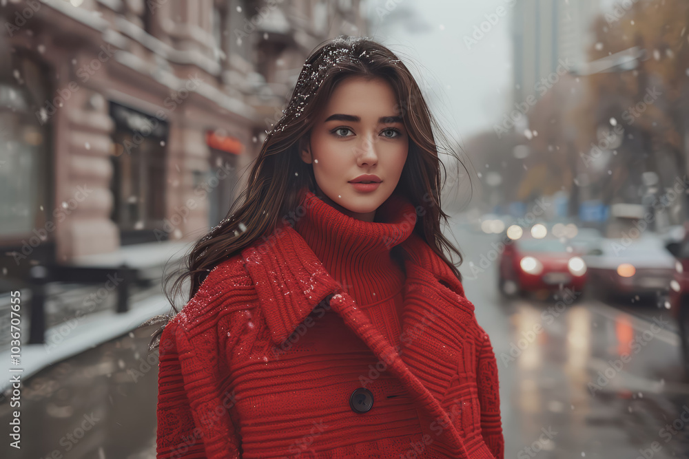 Beautiful fashion model in a red turtleneck sweater and red fur coat outdoors on a city street. Beautiful fashion model in a red turtleneck sweater and red fur coat outdoors on a city street.