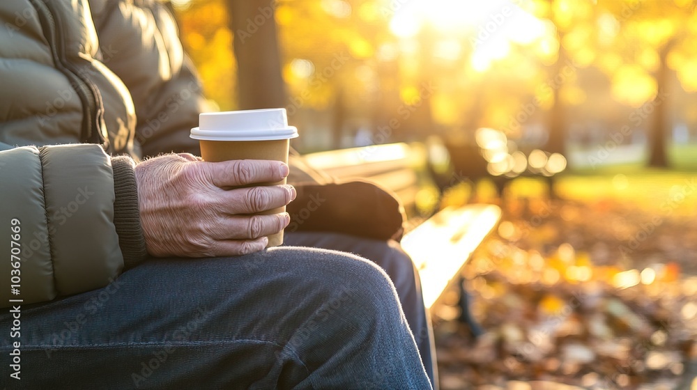 Middle-aged man with slight tremor holding cup of coffee on park bench, symbolizing struggle with Parkinson's disease, calm natural setting. Middle-aged man with slight tremor holding cup of coffee on park bench, symbolizing struggle with Parkinson's disease, calm natural setting.
