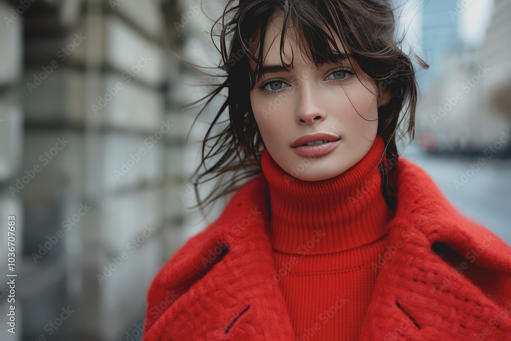 Beautiful fashion model in a red turtleneck sweater and red fur coat outdoors on a city street. Beautiful fashion model in a red turtleneck sweater and red fur coat outdoors on a city street.