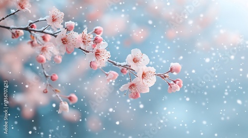 Serene scene of delicate spring blossom tree branches adorned with soft snowflakes falling gently around them creating a magical winterspring blend with plenty of space for text photo