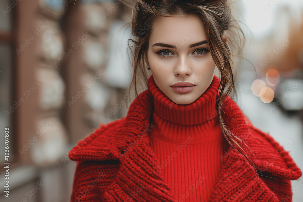 Beautiful fashion model in a red turtleneck sweater and red fur coat outdoors on a city street. Beautiful fashion model in a red turtleneck sweater and red fur coat outdoors on a city street.