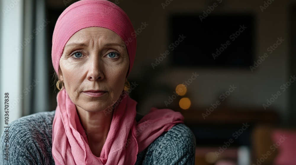 A older woman with cancer, wearing a pink scarf, looks directly into the camera Breast Cancer support A older woman with cancer, wearing a pink scarf, looks directly into the camera Breast Cancer support