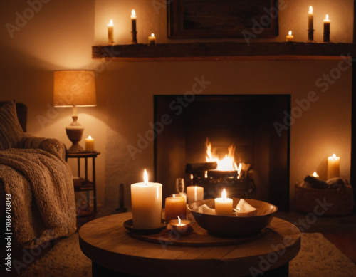 Living room with fireplace, soft blankets, and candlelight