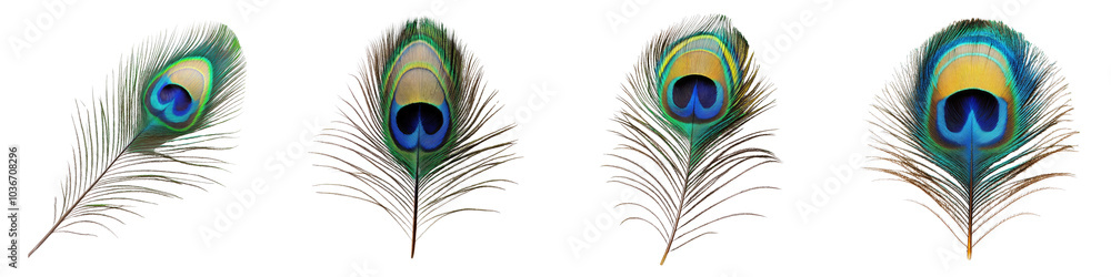 Obraz premium Peacock feather - Feather associated with Lord Krishna, symbolizing beauty and grace Isolated on Clear White Background Highly Detailed