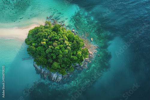 Stunning aerial view of a tropical island. Clear turquoise waters and white sandy beaches.