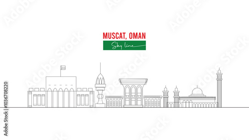 Skyline Panorama of Muscat, Oman: Perfect for National Day Designs.Oman, blending modern architecture with cultural landmarks. Ideal for Oman National Day designs.