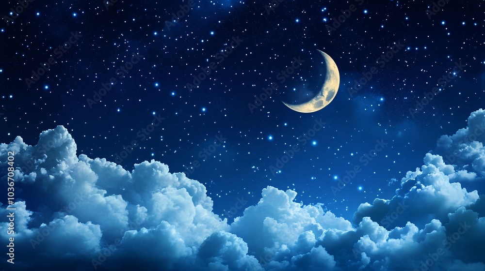 Night Sky with Crescent Moon and Stars Above Clouds Night Sky with Crescent Moon and Stars Above Clouds