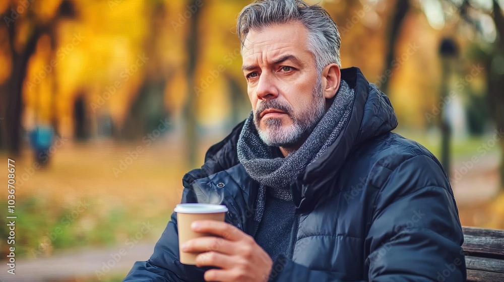 Middle-aged man with slight tremor holding cup of coffee on park bench, symbolizing struggle with Parkinson's disease, calm natural setting. Middle-aged man with slight tremor holding cup of coffee on park bench, symbolizing struggle with Parkinson's disease, calm natural setting.