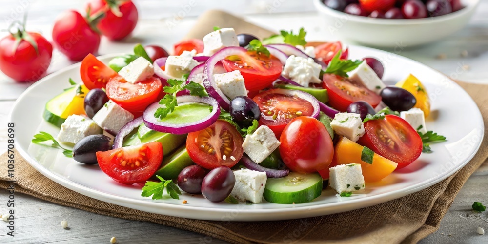 Fresh Greek Salad in Light Plate Isolated, Authentic Horiatiki with Tomatoes, Diced Cucumbers, Onion, Olives, Feta Cheese, Healthy Mediterranean Dish, Summer Salad, Vibrant Colors, Culinary Delight Fresh Greek Salad in Light Plate Isolated, Authentic Horiatiki with Tomatoes, Diced Cucumbers, Onion, Olives, Feta Cheese, Healthy Mediterranean Dish, Summer Salad, Vibrant Colors, Culinary Delight