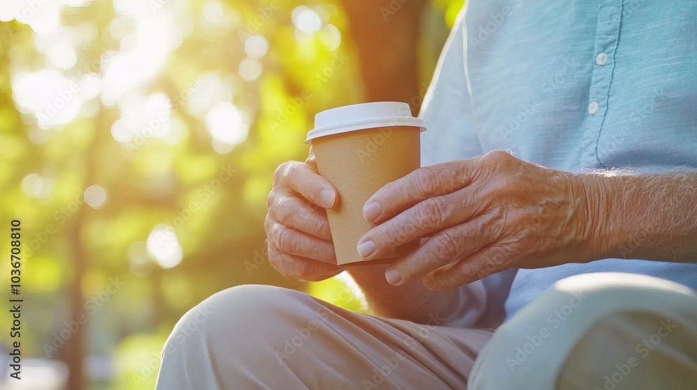 Middle-aged man with slight tremor holding cup of coffee on park bench, symbolizing struggle with Parkinson's disease, calm natural setting. Middle-aged man with slight tremor holding cup of coffee on park bench, symbolizing struggle with Parkinson's disease, calm natural setting.