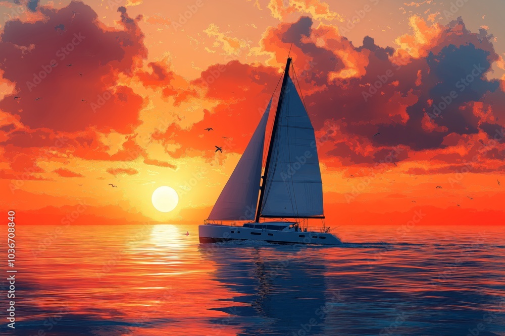 Fototapeta premium Sea and sailboat at sunset