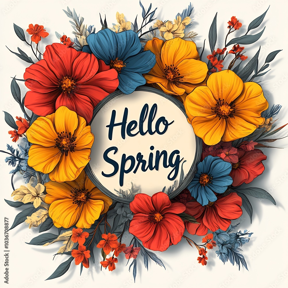 Sleek minimalistic background with a central round frame made of a variety of colorful spring flowers the text Hello Spring in playful script creating a fresh and welcoming seasonal banner Sleek minimalistic background with a central round frame made of a variety of colorful spring flowers the text Hello Spring in playful script creating a fresh and welcoming seasonal banner