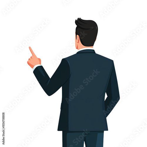 Businessman in suit pointing upwards, white isolate background. transparent background