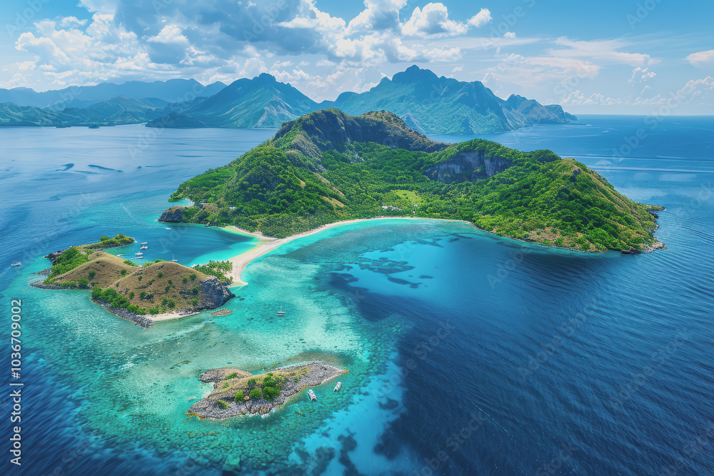 Stunning aerial view of a tropical island. Clear turquoise waters and white sandy beaches. Stunning aerial view of a tropical island. Clear turquoise waters and white sandy beaches.