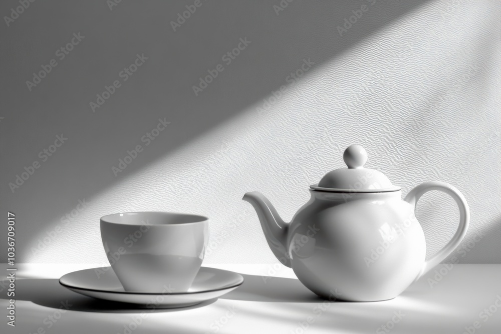 A white tea kettle rests next to a matching cup and saucer, illuminated by soft light in a tranquil atmosphere. Generative AI A white tea kettle rests next to a matching cup and saucer, illuminated by soft light in a tranquil atmosphere. Generative AI