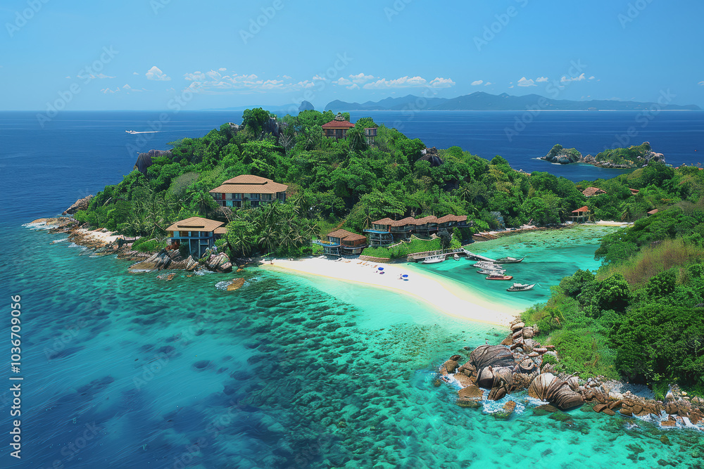 Stunning aerial view of a tropical island. Clear turquoise waters and white sandy beaches. Stunning aerial view of a tropical island. Clear turquoise waters and white sandy beaches.