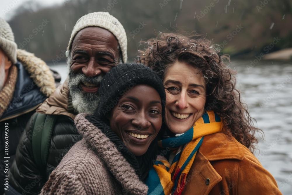 Group of multiethnic friends having fun on a winter day by the river Group of multiethnic friends having fun on a winter day by the river