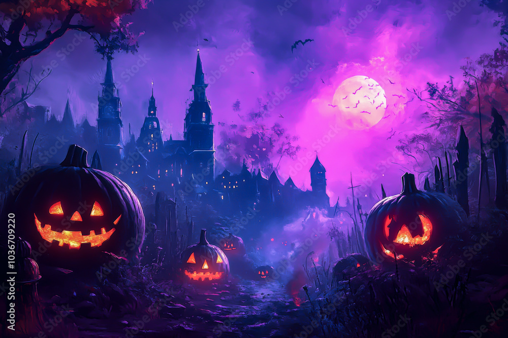 A Halloween themed painting of a town with a large moon in the sky. The town is filled with pumpkins and bats A Halloween themed painting of a town with a large moon in the sky. The town is filled with pumpkins and bats