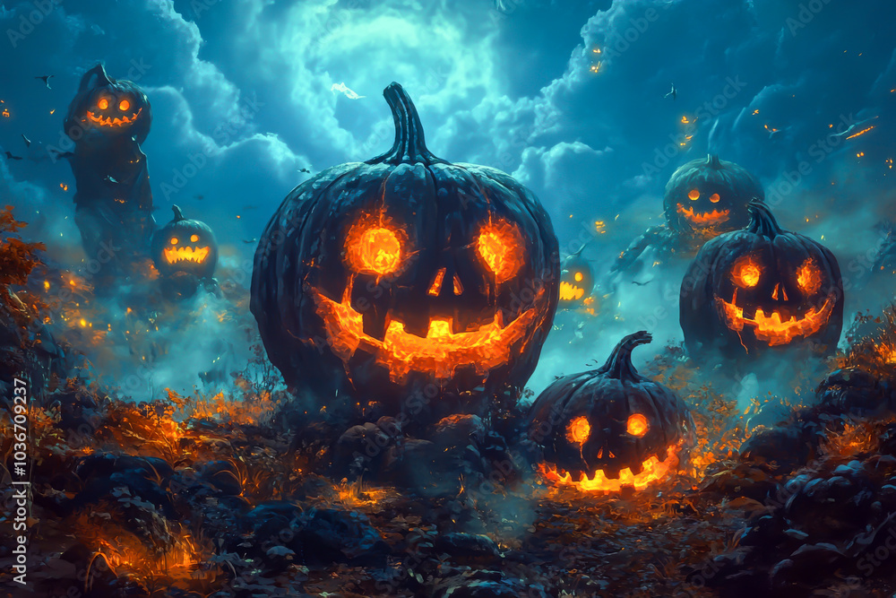 A Halloween scene with pumpkins with glowing eyes and a spooky atmosphere. The pumpkins are scattered throughout the scene, with some in the foreground and others in the background A Halloween scene with pumpkins with glowing eyes and a spooky atmosphere. The pumpkins are scattered throughout the scene, with some in the foreground and others in the background
