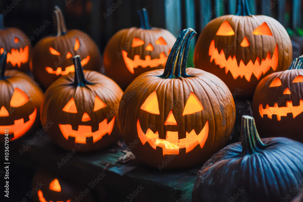 A row of pumpkins with their faces lit up. Scene is spooky and festive A row of pumpkins with their faces lit up. Scene is spooky and festive