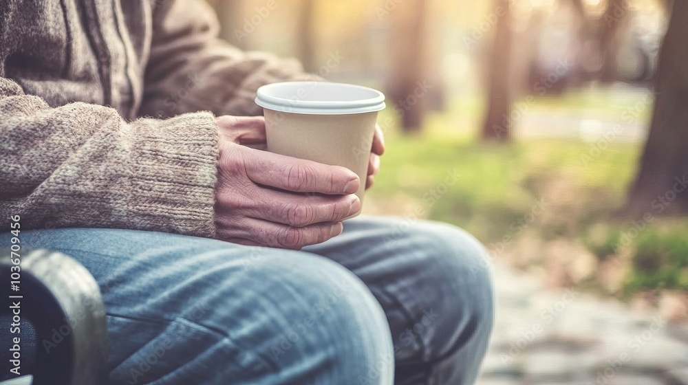 Middle-aged man with slight tremor holding cup of coffee on park bench, symbolizing struggle with Parkinson's disease, calm natural setting. Middle-aged man with slight tremor holding cup of coffee on park bench, symbolizing struggle with Parkinson's disease, calm natural setting.