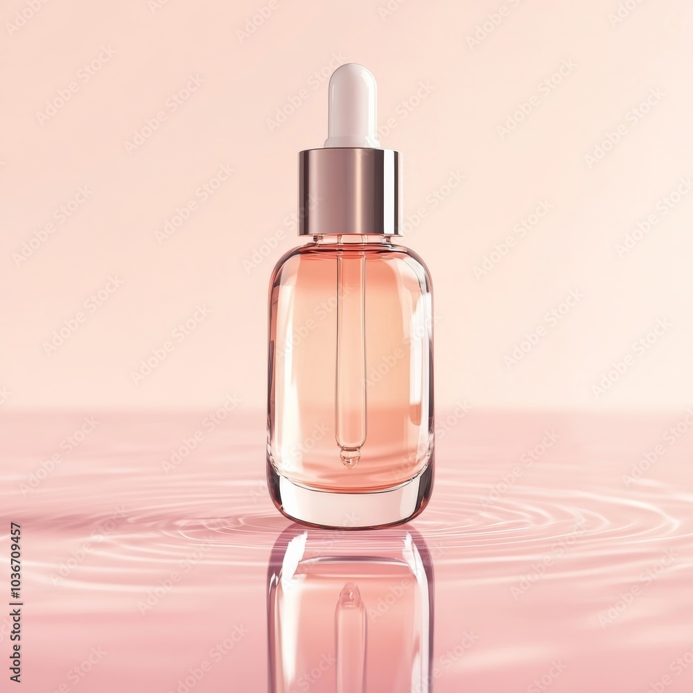 A sleek glass bottle of facial serum with a glossy finish, isolated on a light pink surface with soft, elegant reflections A sleek glass bottle of facial serum with a glossy finish, isolated on a light pink surface with soft, elegant reflections