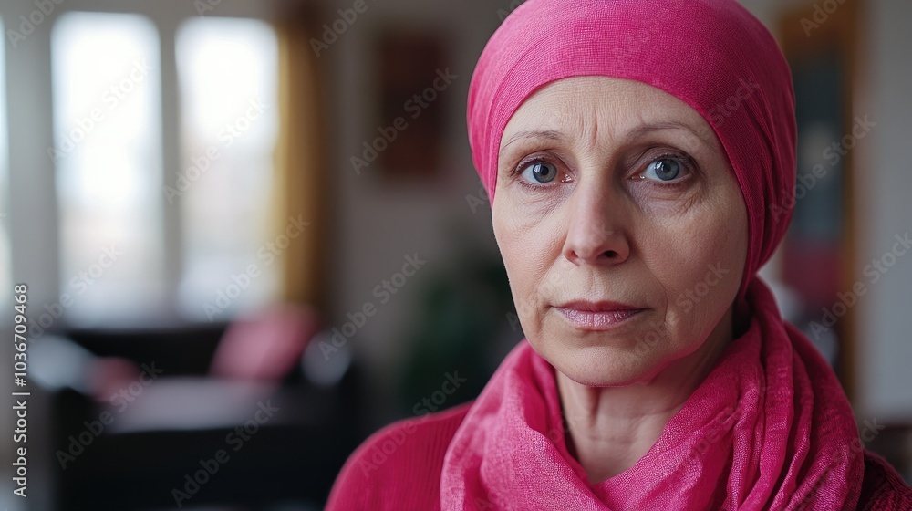 A older woman with cancer, wearing a pink scarf, looks directly into the camera Breast Cancer support A older woman with cancer, wearing a pink scarf, looks directly into the camera Breast Cancer support