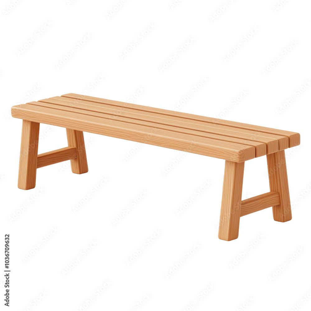 3D wooden bench featuring a minimalist design with slatted seating and sturdy legs, perfect for furniture modeling or architectural visualization. Isolated on transparent background, png. 3D wooden bench featuring a minimalist design with slatted seating and sturdy legs, perfect for furniture modeling or architectural visualization. Isolated on transparent background, png.