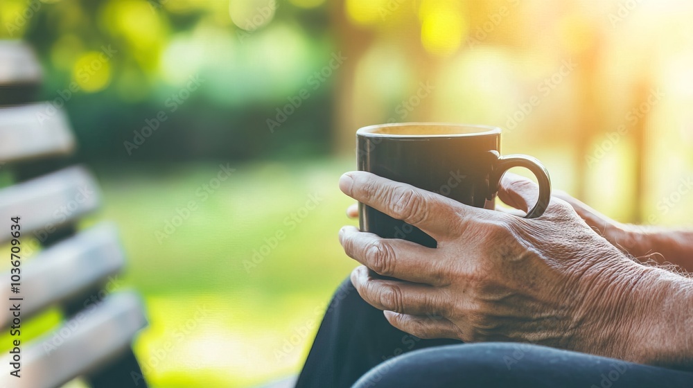 Middle-aged man with slight tremor holding cup of coffee on park bench, symbolizing struggle with Parkinson's disease, calm natural setting. Middle-aged man with slight tremor holding cup of coffee on park bench, symbolizing struggle with Parkinson's disease, calm natural setting.