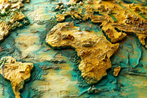 A map of Africa is shown in a blue and gold color scheme. The map is made of clay and has a 3D effect. The colors and texture of the map give it a sense of depth and realism photo