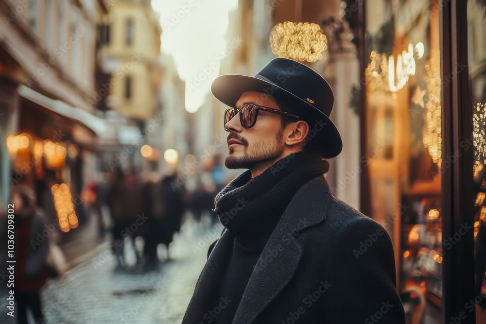 A man wearing a hat and sunglasses stands in front of a window. He is looking out at the street, which is filled with people. The scene has a sense of urban life A man wearing a hat and sunglasses stands in front of a window. He is looking out at the street, which is filled with people. The scene has a sense of urban life