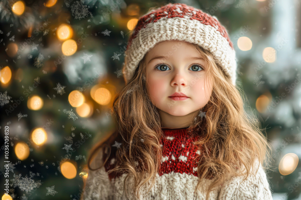 A young girl wearing a red and white hat and a white sweater stands in front of a Christmas tree A young girl wearing a red and white hat and a white sweater stands in front of a Christmas tree