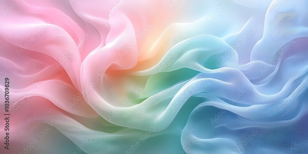 Fototapeta premium A soft, translucent fabric draped elegantly in pastel shades of pink, blue, and green, creating a serene and dreamy atmosphere.