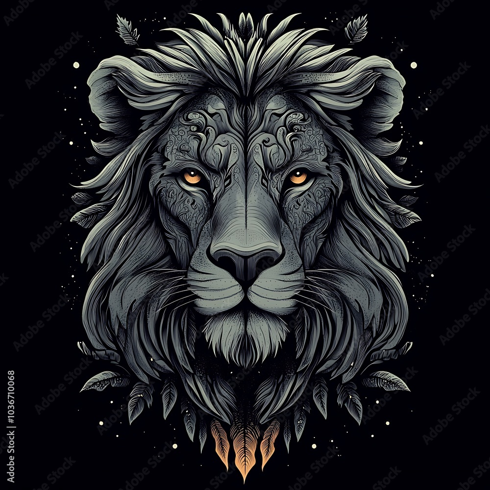 Obraz premium A detailed illustration of a lion's face with intricate details, set against a dark background.