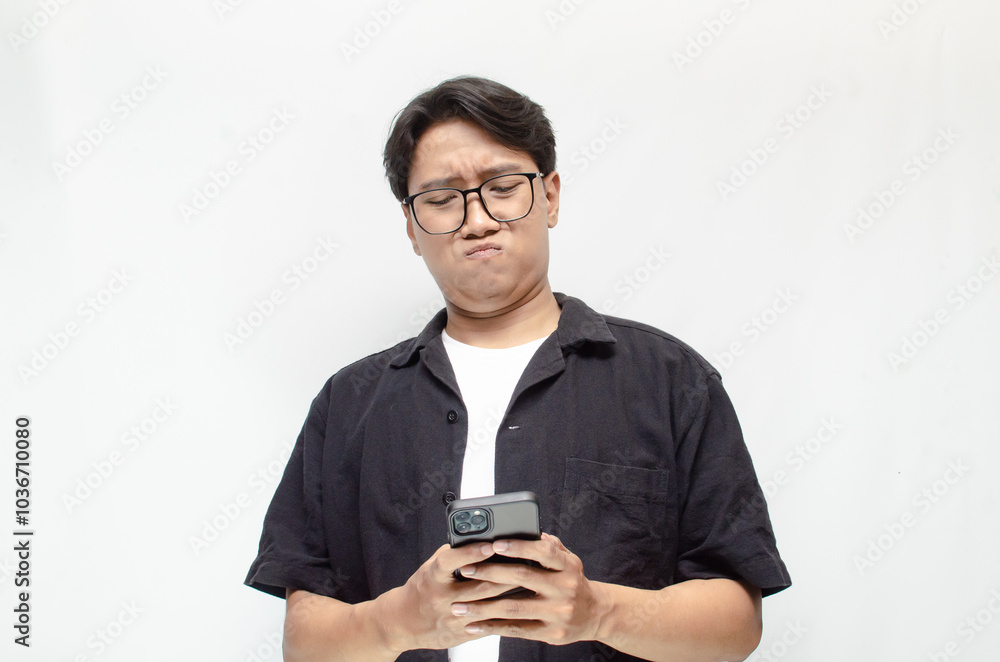 a sad and overthinking young Asian man in a pensive mood holding a phone with a sad and thoughtful expression. Asian man holding phone while questioning, wondering and crying. a sad and overthinking young Asian man in a pensive mood holding a phone with a sad and thoughtful expression. Asian man holding phone while questioning, wondering and crying.