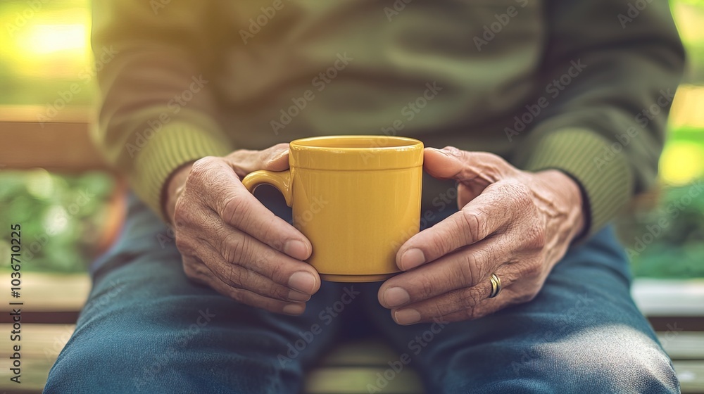Middle-aged man with slight tremor holding cup of coffee on park bench, symbolizing struggle with Parkinson's disease, calm natural setting. Middle-aged man with slight tremor holding cup of coffee on park bench, symbolizing struggle with Parkinson's disease, calm natural setting.