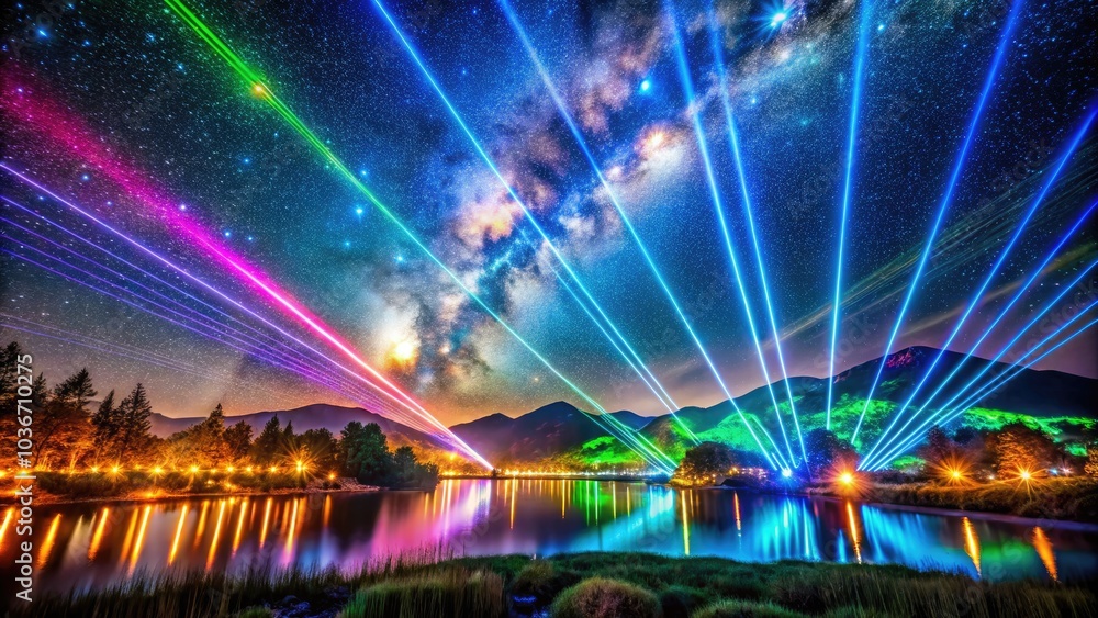 Obraz premium Futuristic Landscape with Laser Lights and Holographic Displays Over Sleek Metallic Structures at Night