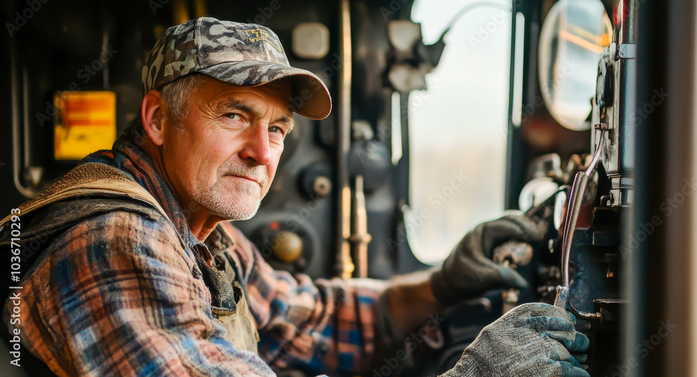 A man in a plaid shirt and hat is sitting in a train cab. He is wearing gloves and he is working on the train A man in a plaid shirt and hat is sitting in a train cab. He is wearing gloves and he is working on the train